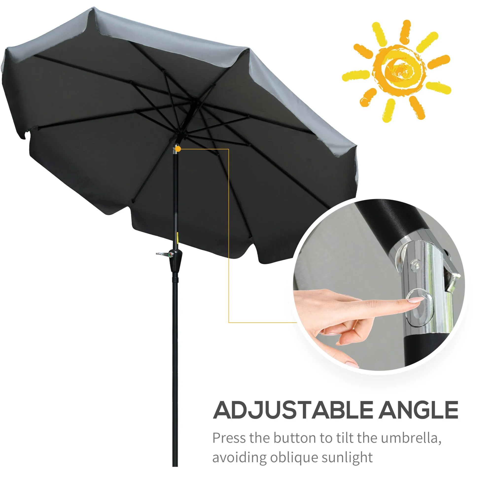 2.66m Patio Umbrella Garden Parasol Outdoor Sun Shade Table Umbrella with Ruffles, 8 Sturdy Ribs, Charcoal Grey