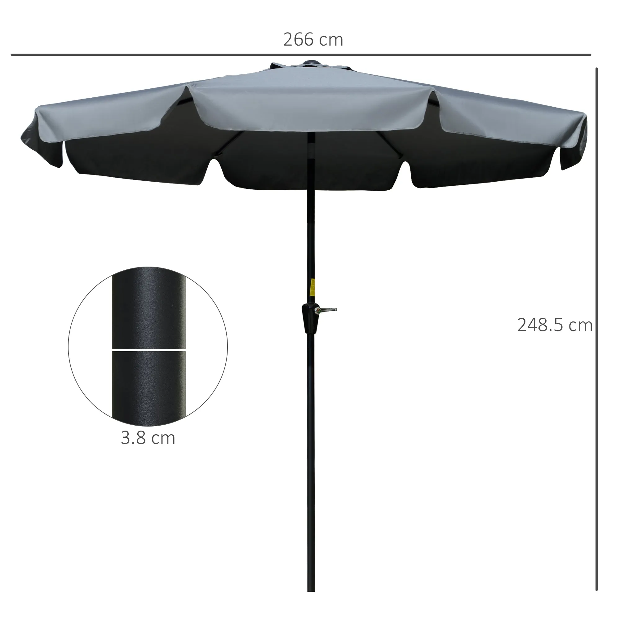 2.66m Patio Umbrella Garden Parasol Outdoor Sun Shade Table Umbrella with Ruffles, 8 Sturdy Ribs, Charcoal Grey