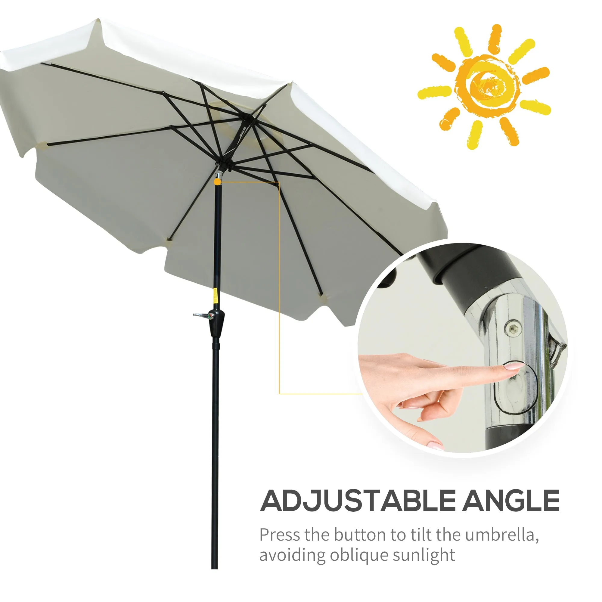 2.66m Patio Umbrella Garden Parasol Outdoor Sun Shade Table Umbrella with Ruffles, 8 Sturdy Ribs, Cream White