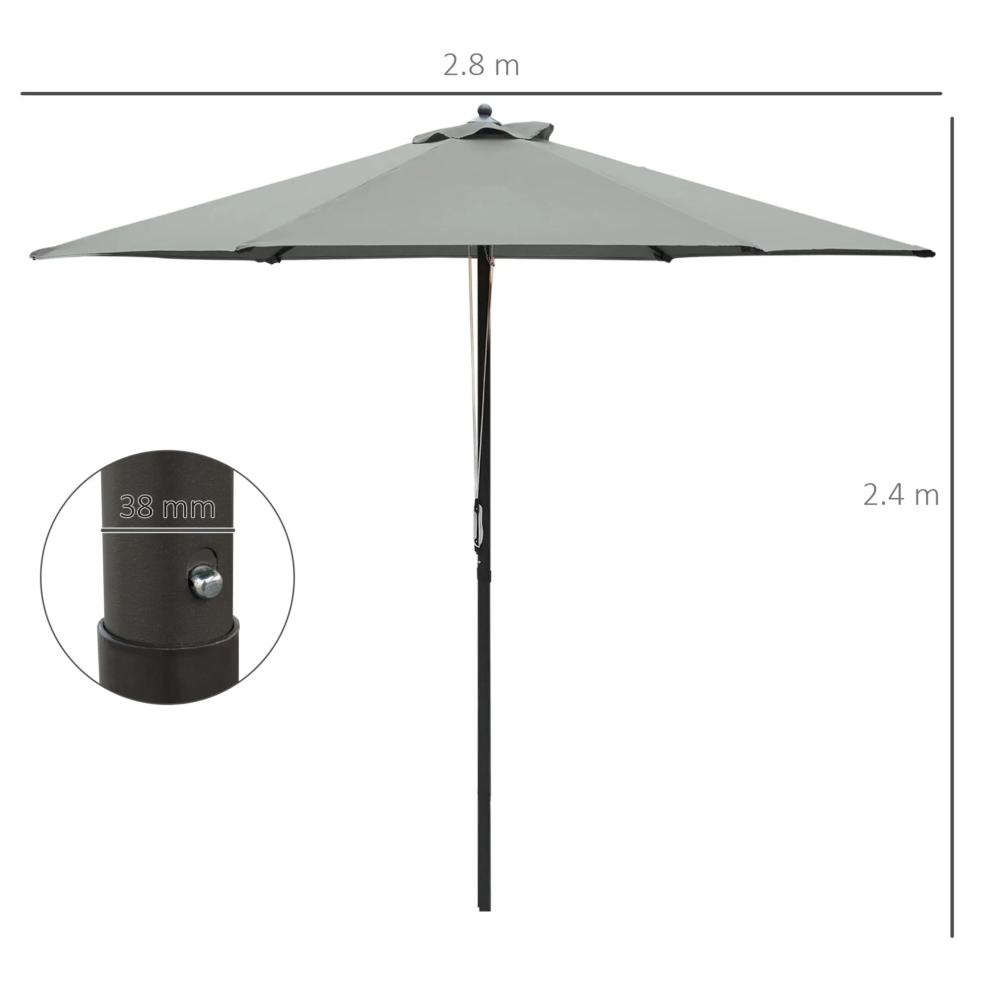 2.8m Patio Parasols Umbrellas Outdoor 6 Ribs Sunshade Canopy Manual Push Garden Backyard Furniture, Grey