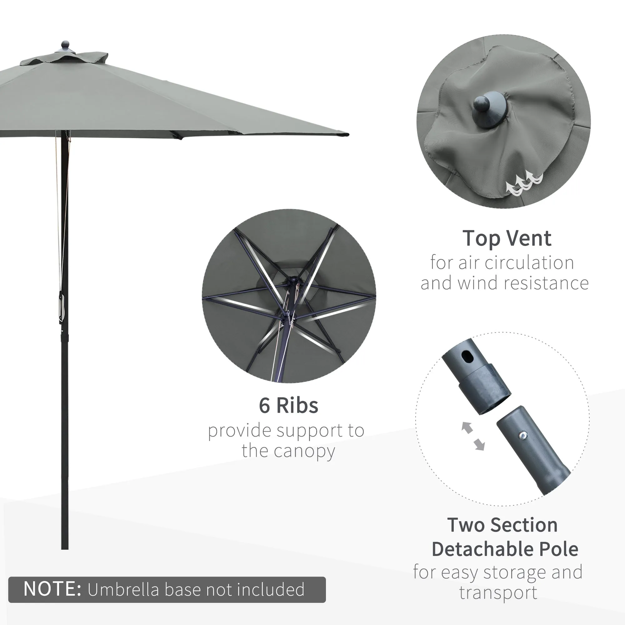 2.8m Patio Parasols Umbrellas Outdoor 6 Ribs Sunshade Canopy Manual Push Garden Backyard Furniture, Grey