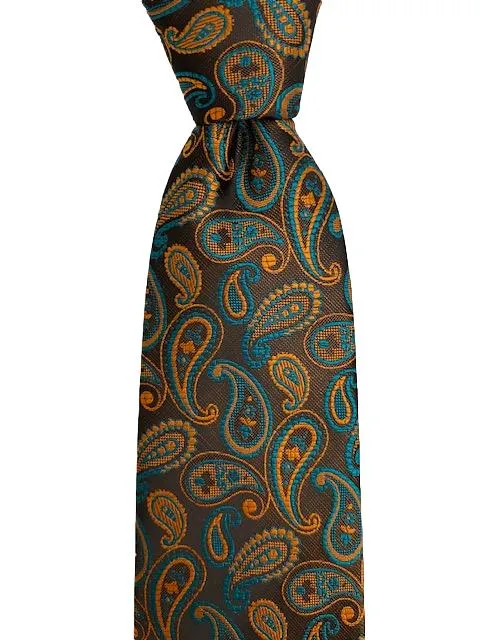 Brown Orange Turquoise Paisley Extra Long Tie