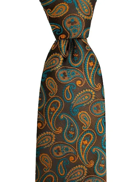 Brown Orange Turquoise Paisley Extra Long Tie