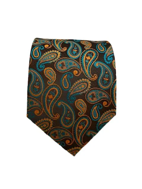 Brown Orange Turquoise Paisley Extra Long Tie