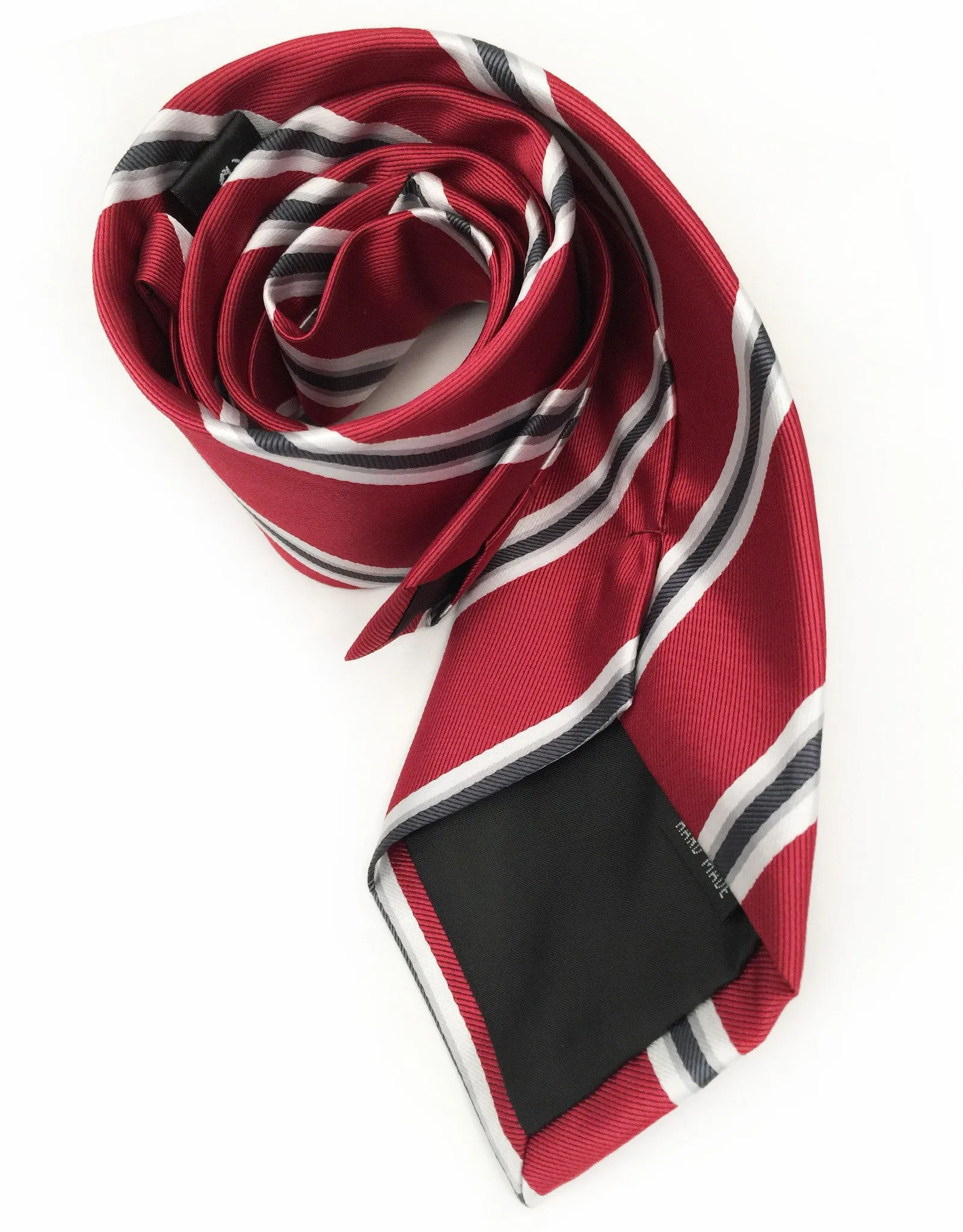 Dark Red, White, Silver and Black Striped Tie