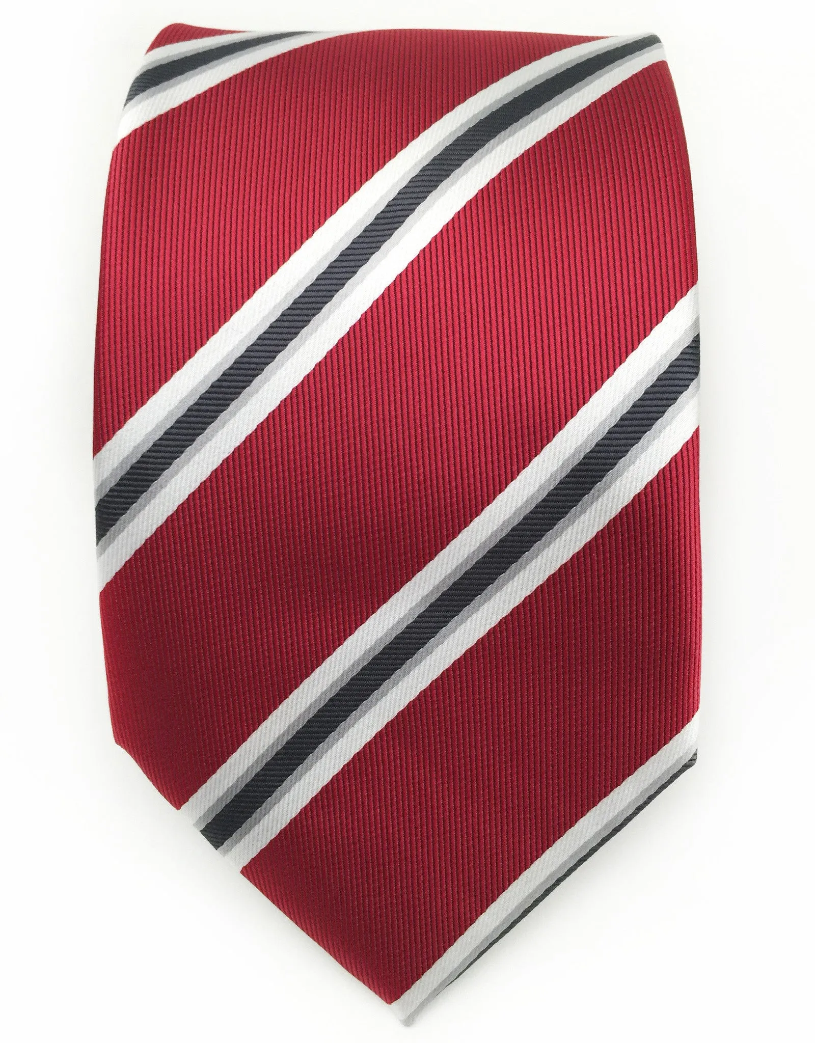 Dark Red, White, Silver and Black Striped Tie