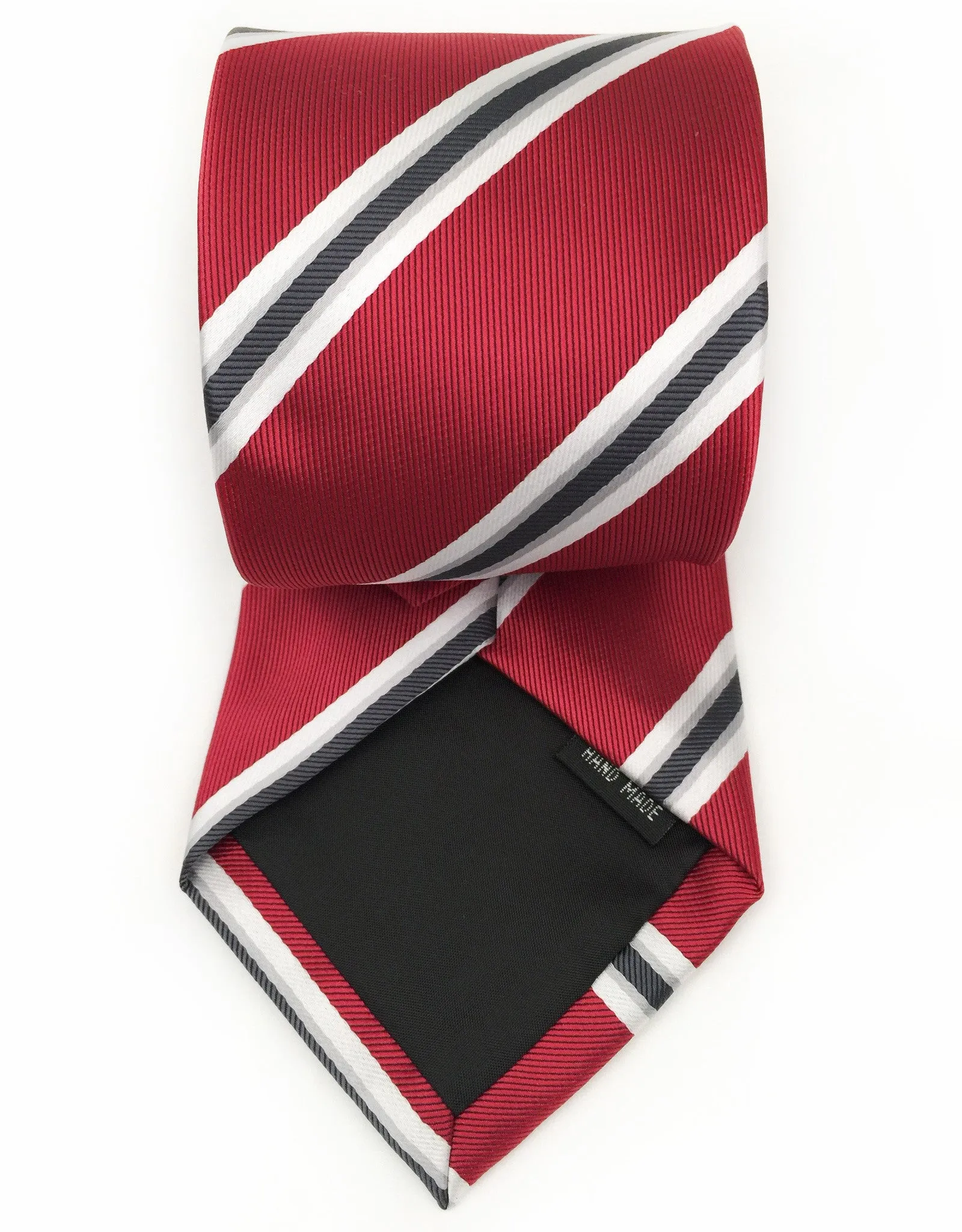 Dark Red, White, Silver and Black Striped Tie