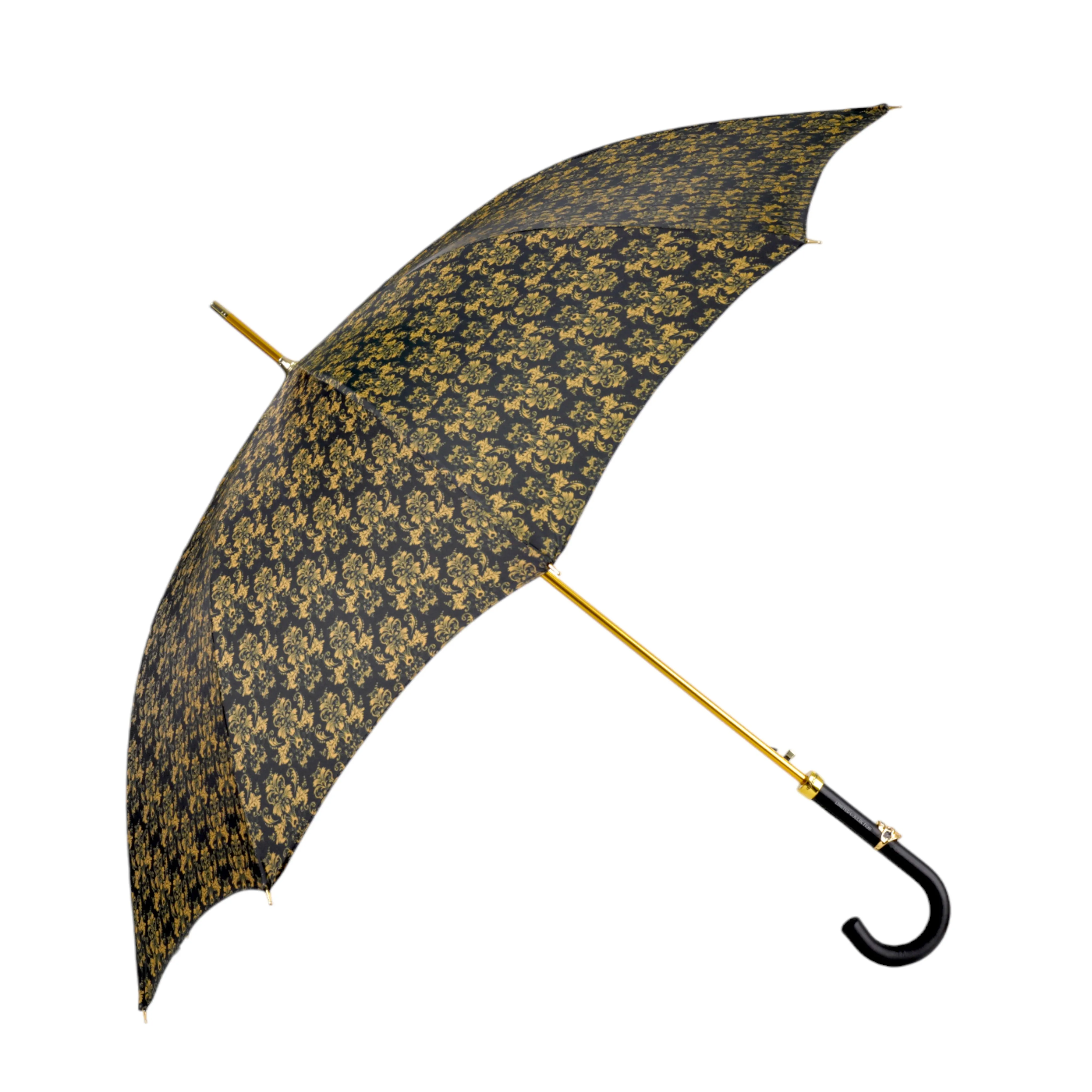 Elegant Umbrella with Leather Handle, Gold Skull, and Ornate Black and Gold Damask Design