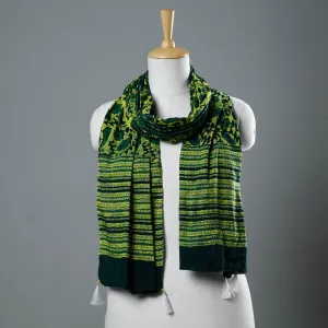 Green - Bagru Block Printed Tagai Work Cotton Stole with Tassels