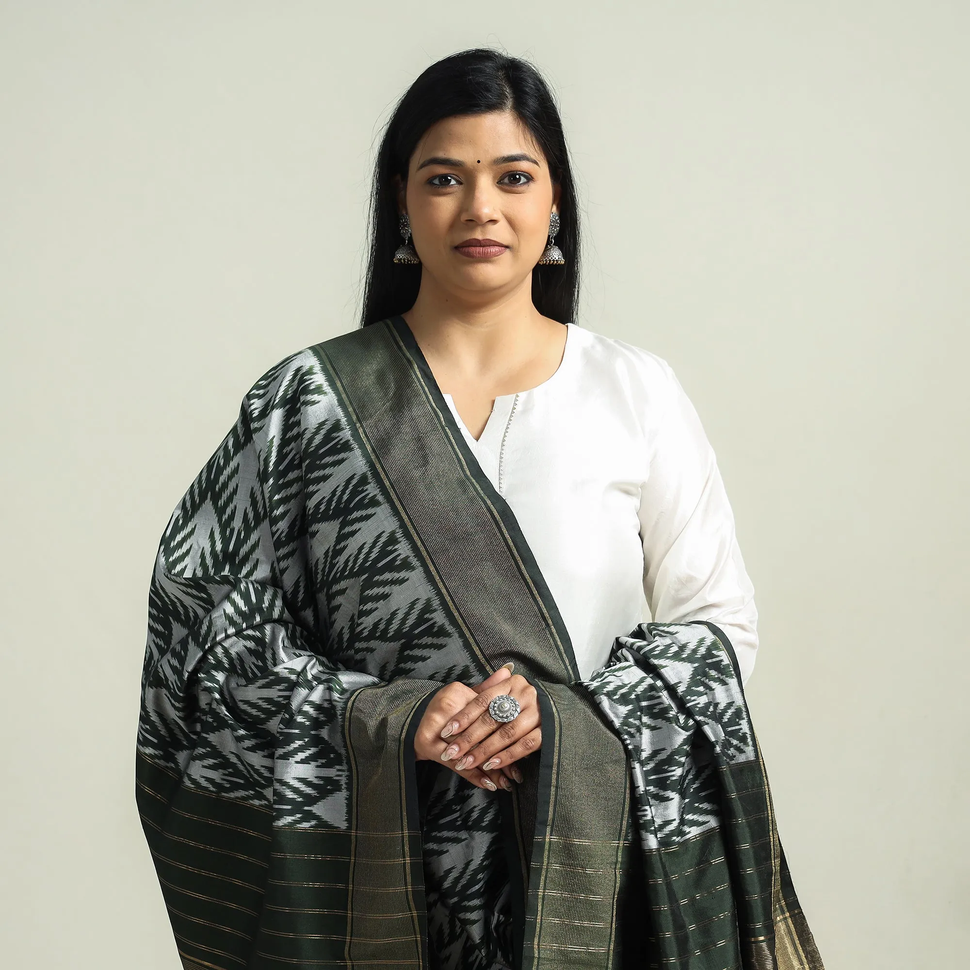 Green - Pochampally Ikat Handloom Pure Silk Dupatta with Zari Border