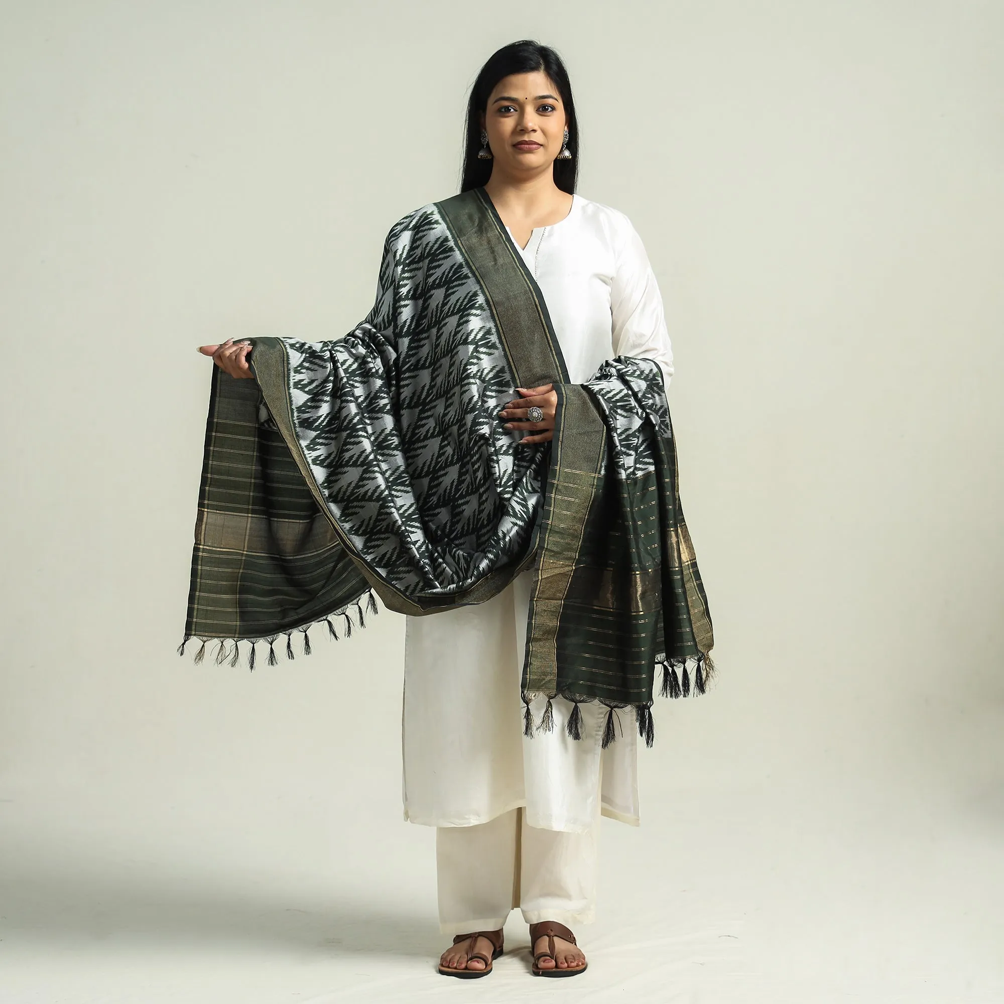 Green - Pochampally Ikat Handloom Pure Silk Dupatta with Zari Border