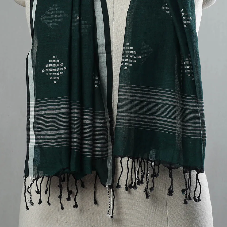 Green - Pure Cotton Phulia Jamdani Handloom Stole with Tassels 02