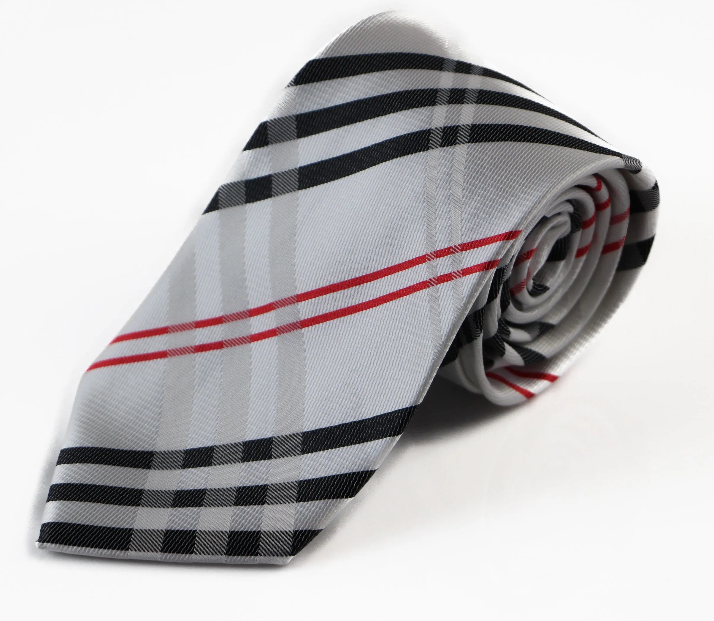 Mens White, Black & Red Plaid Striped Patterned 8cm Neck Tie