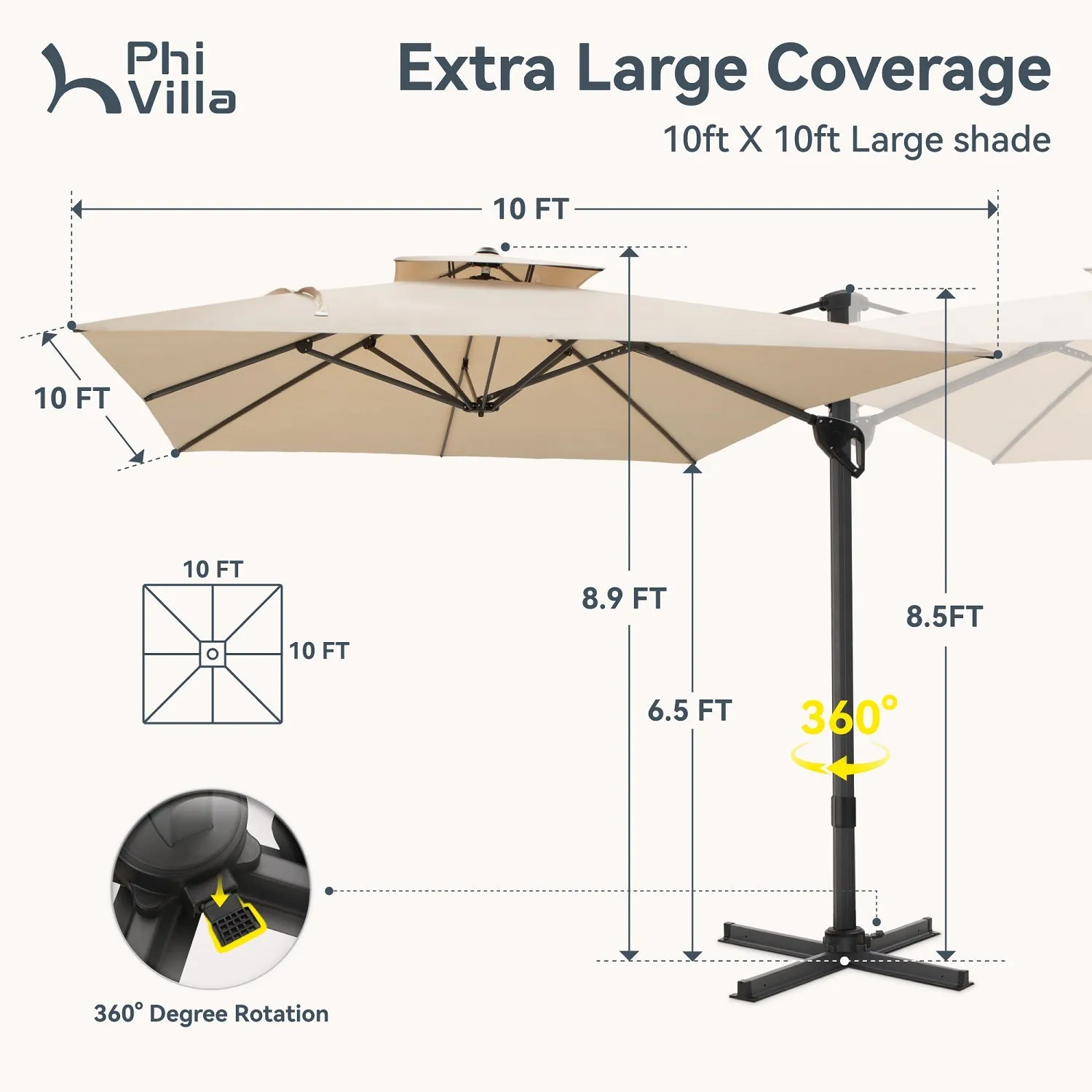 PHI VILLA 10ft Automatic Hydraulic Cantilever Umbrella 360-Degree Outdoor Patio Parasols Umbrellas