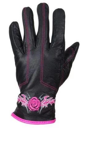 Pink-Rose Graphic Embroidered Leather Gloves, GLZ106-EBL6-PINK-DL