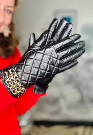 Quilted Faux Leather Gloves with Chain Detail