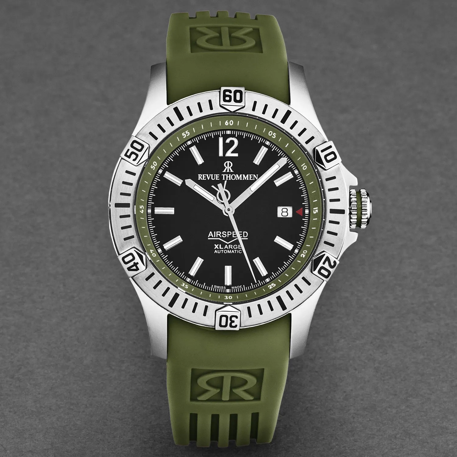 Revue Thommen Men's 'Air speed' Black Dial Green Rubber Strap Automatic Watch 16070.4634