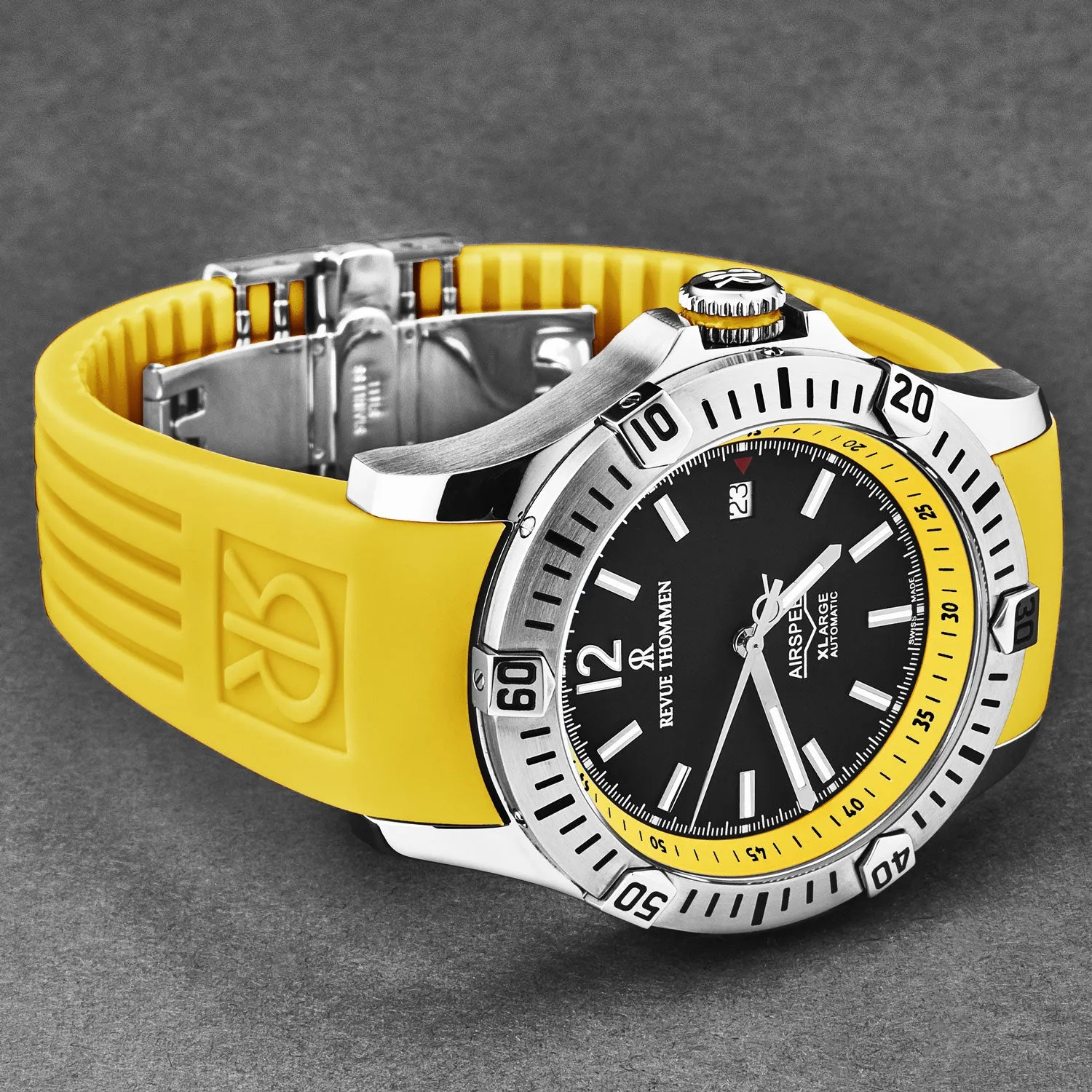 Revue Thommen Men's 'Air speed' Black Dial Yellow Rubber Strap Automatic Watch 16070.4638