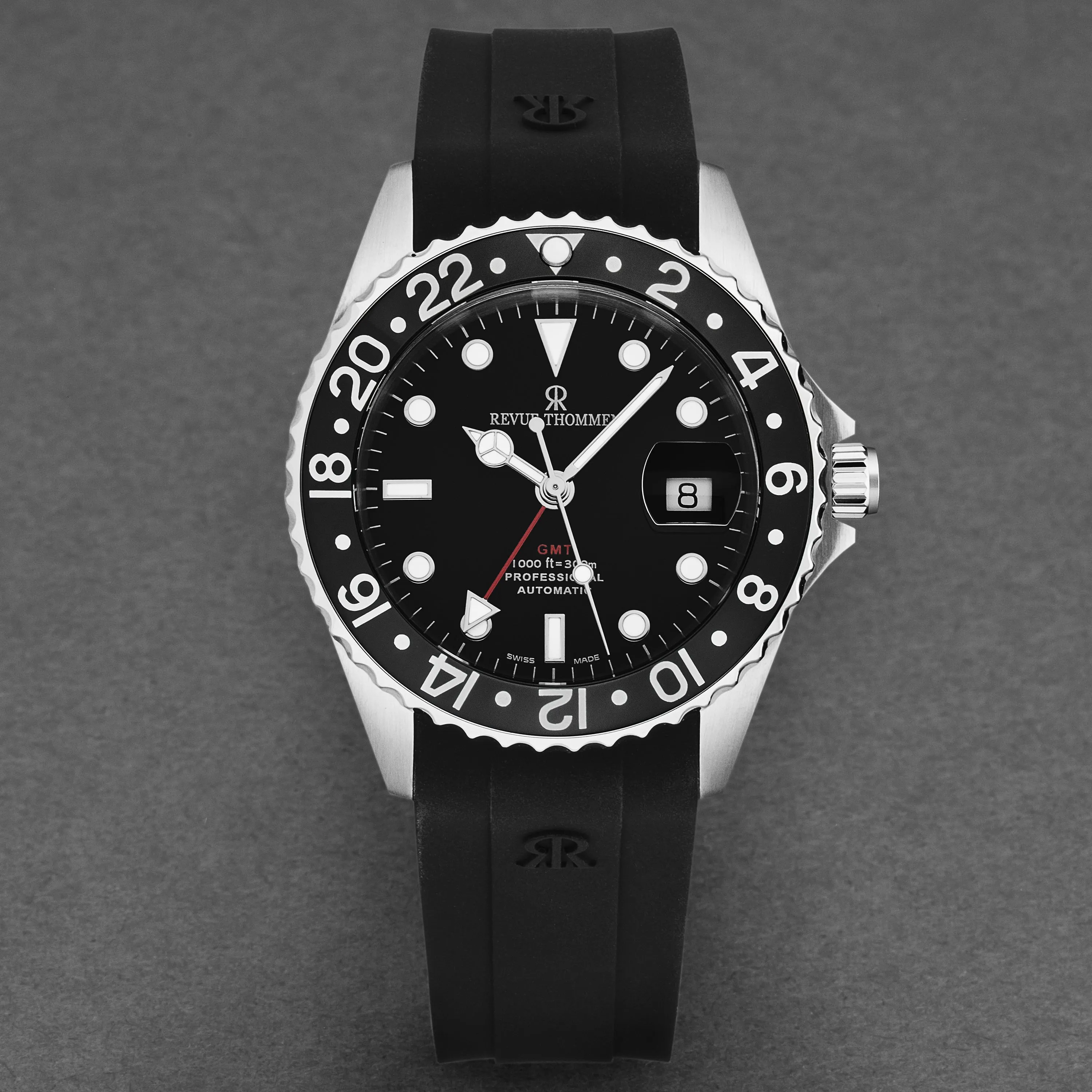 Revue Thommen Men's 'Diver' Black Dial Black Bezel Black Rubber Strap GMT Automatic Watch 17572.2837