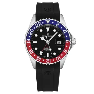 Revue Thommen Men's 'Diver' Black Dial Blue and Red Bezel Black Rubber Strap GMT Automatic Watch 17572.2835