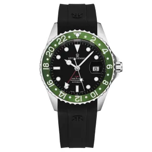 Revue Thommen Men's 'Diver' Black Dial Green Bezel Black Rubber Strap GMT Professional Automatic Watch 17572.2834