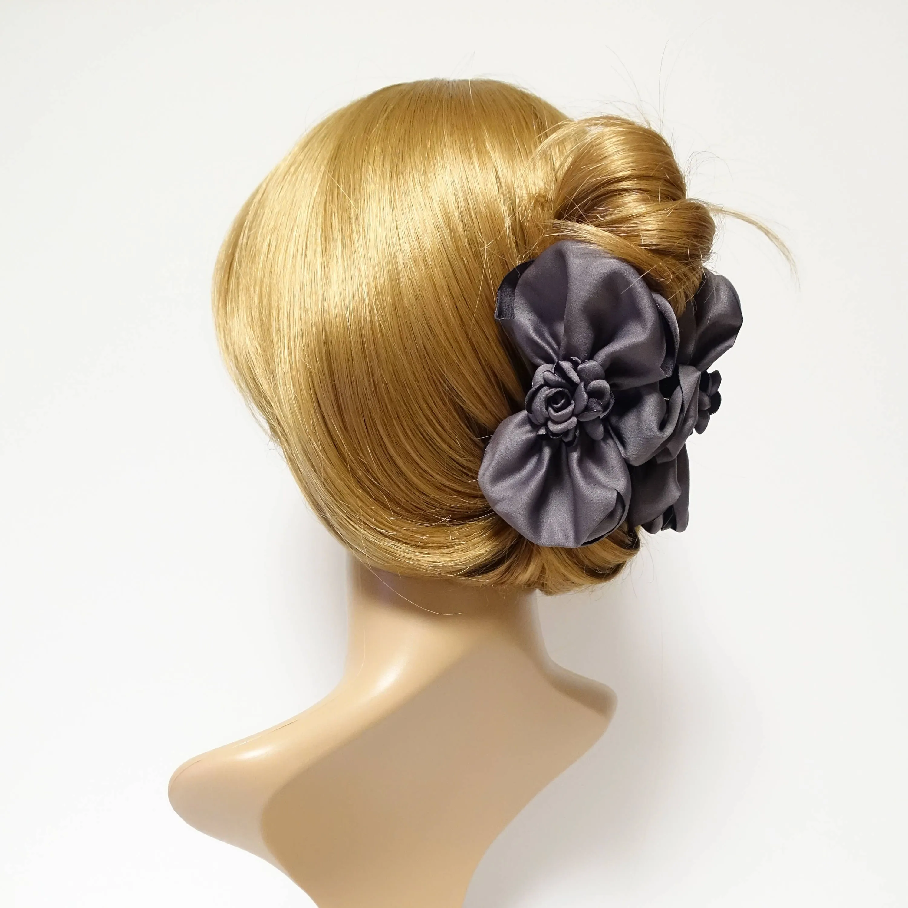 Satin Flower Decorated Multi Layer Bow Hair Claw Clip Women Hair Clamp